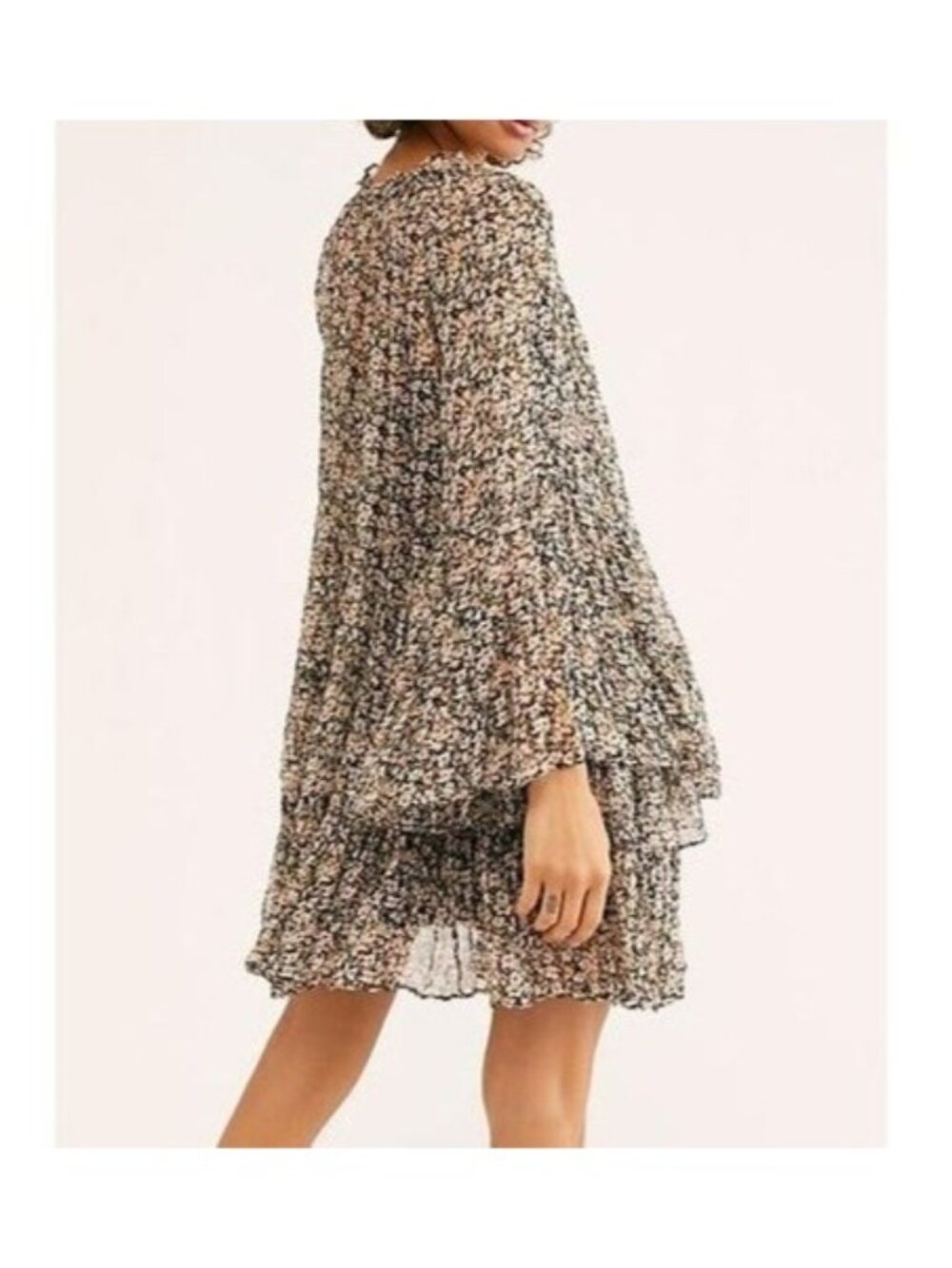 Free People Love Ya Moody Ditzy Floral Long Bell Sleeve Tiered Mini Dress Large